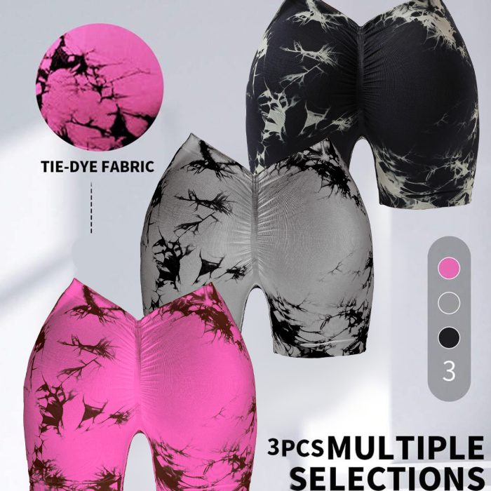 3 PACK Tie Dye Active Wear Shorts, Women Workout Shorts, High Waisted Contour Gym Yoga Biker Shorts, V Back Booty Biker Workout Gym Running Shorts
