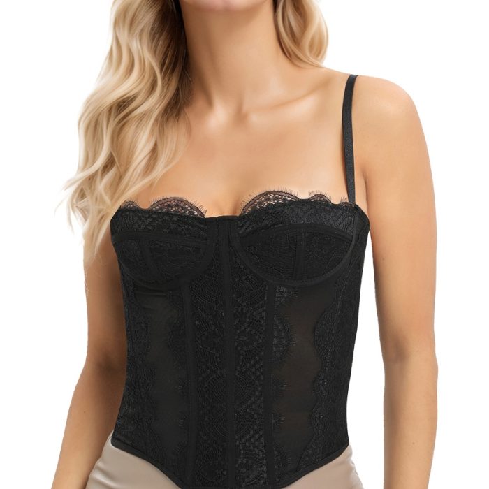 Lace Bustier Corset Tops For Women Going Out Mesh Overbust Adjustable Strap Waist Cincher Crop Bustier Party Rave Date Night Outfit Tank Top